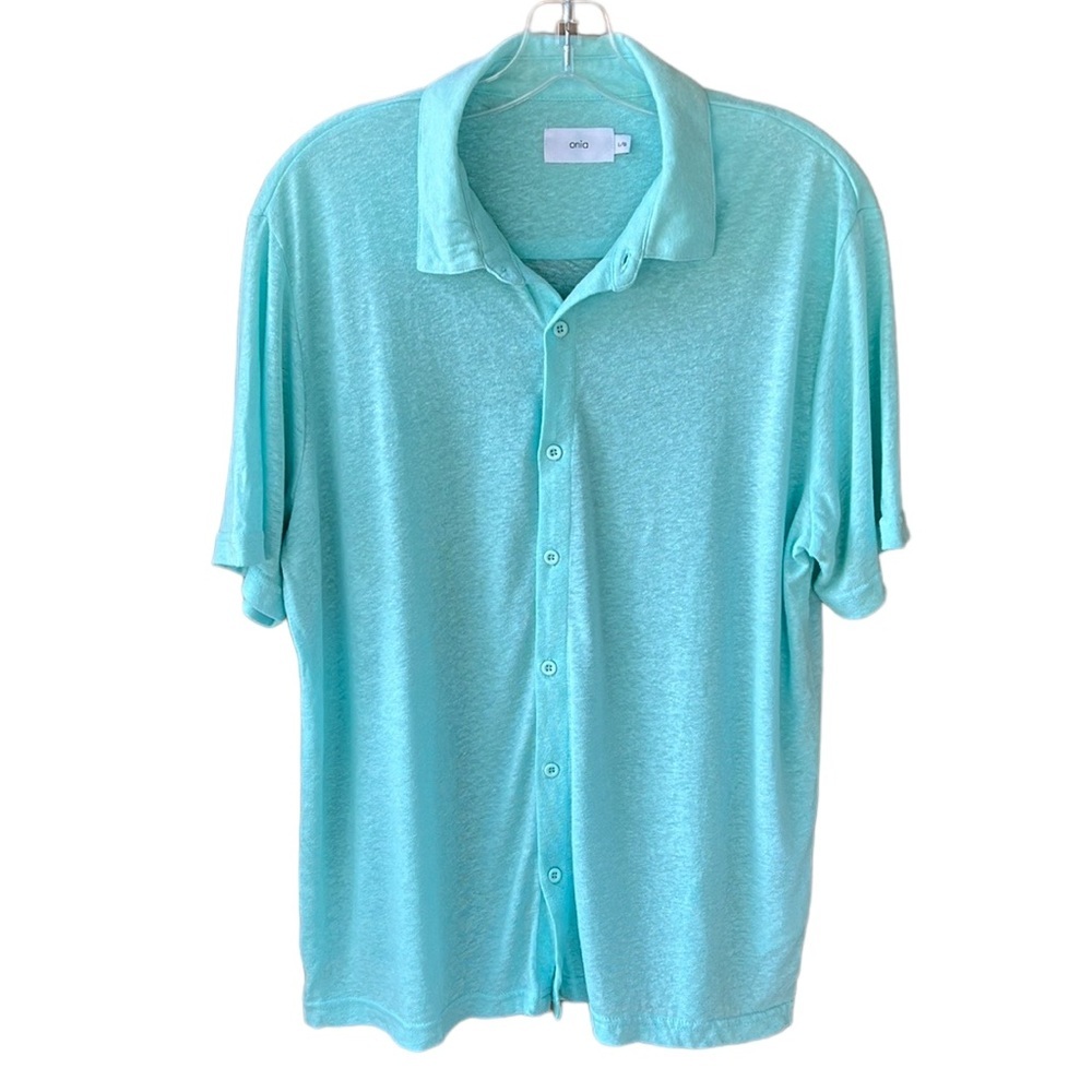 Onia Mens Large Linen Blend Knit Button Down Shirt Minimalist Beachy Sea Glass